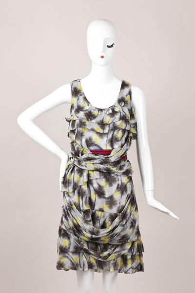 Grey and Yellow Floral Print Belted Silk Dress