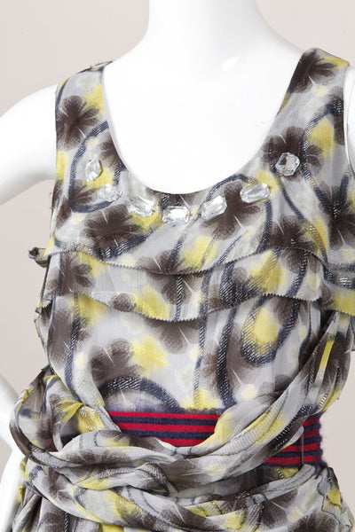 Grey and Yellow Floral Print Belted Silk Dress