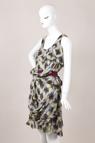 Grey and Yellow Floral Print Belted Silk Dress