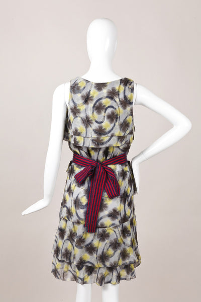 Grey and Yellow Floral Print Belted Silk Dress