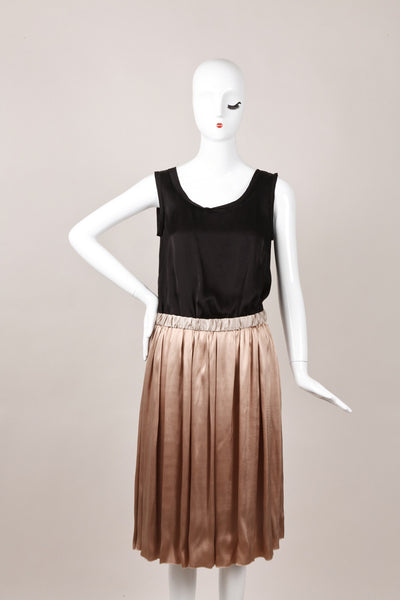 Beige and Black Sleeveless Pleated Dress