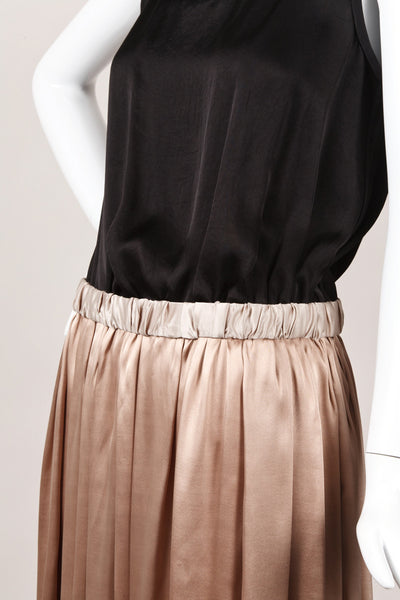 Beige and Black Sleeveless Pleated Dress