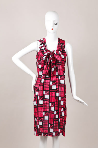 Pink, Black, and White Printed Sleeveless Ruched Dress