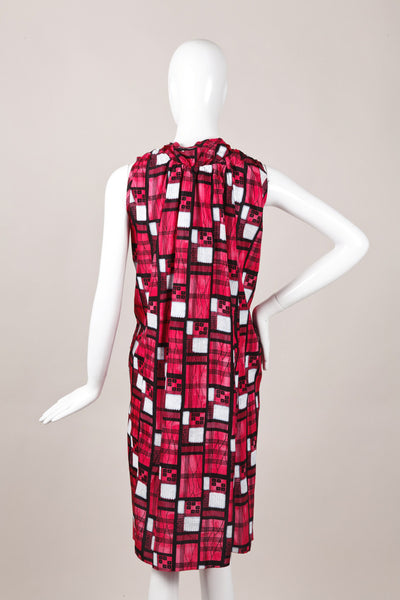 Pink, Black, and White Printed Sleeveless Ruched Dress