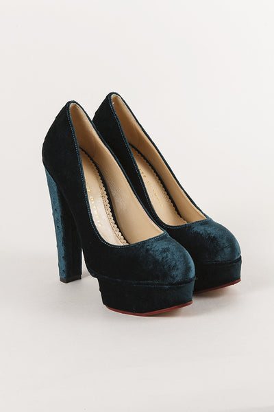 New Dark Green Velvet Ostrich Print Platform Pumps