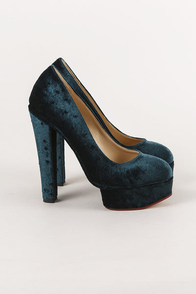 New Dark Green Velvet Ostrich Print Platform Pumps