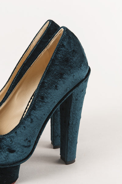 New Dark Green Velvet Ostrich Print Platform Pumps