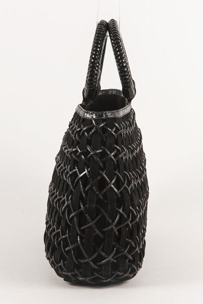 Black Crocodile and Suede Woven Handbag