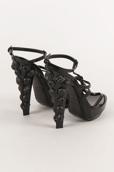 Black Patent Leather Platform Studded Strappy Sandals