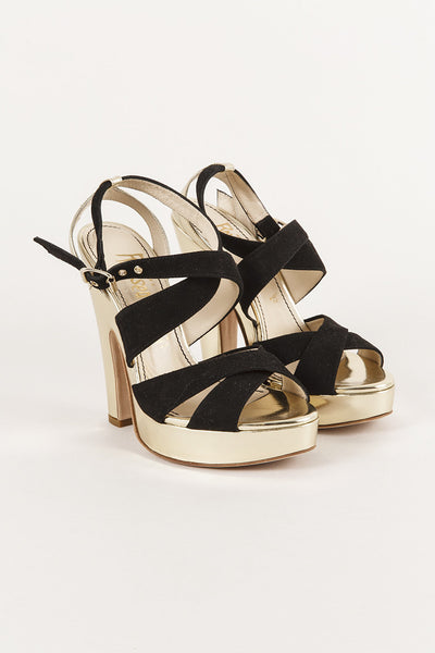 New In Box Black Suede and Gold Leather Strappy Heels