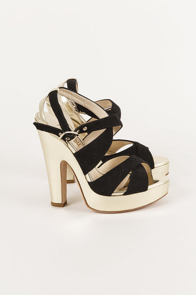 New In Box Black Suede and Gold Leather Strappy Heels