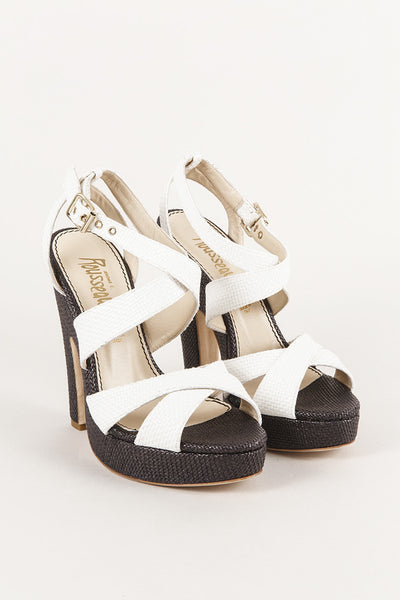 New In Box Black and White Strappy Sandal "Straw" Pump Heels