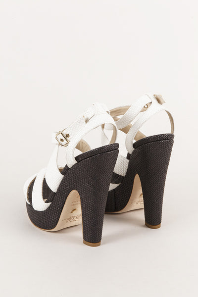 New In Box Black and White Strappy Sandal "Straw" Heels