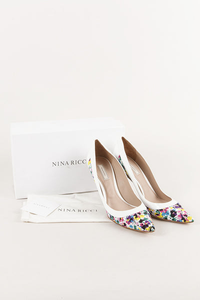 New In Box White Patent Leather Floral Cork Pump Heels