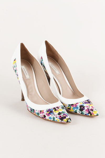 New In Box White Patent Leather Floral Cork Pump Heels