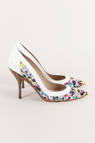 New In Box White Patent Leather Floral Cork Pump Heels