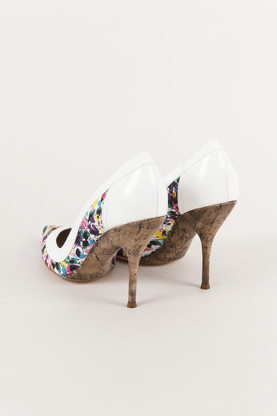 New In Box White Patent Leather Floral Cork Pump Heels