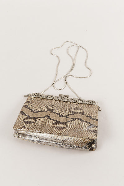 Snakeskin Rhinestone Kisslock Crossbody Bag