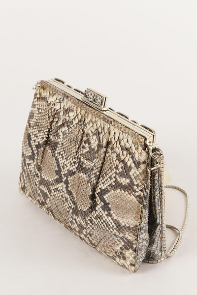 Snakeskin Rhinestone Kisslock Crossbody Bag