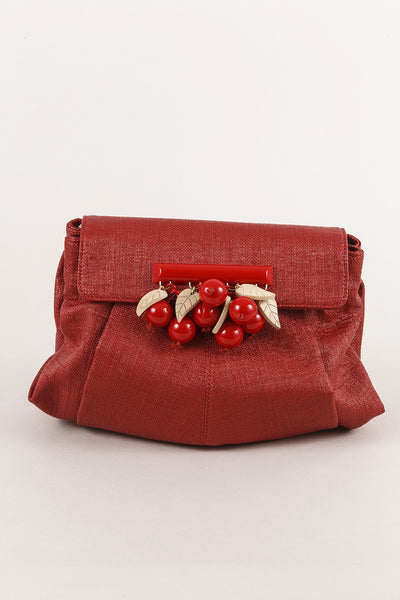 Red and Tan Raffia Cherry Clutch