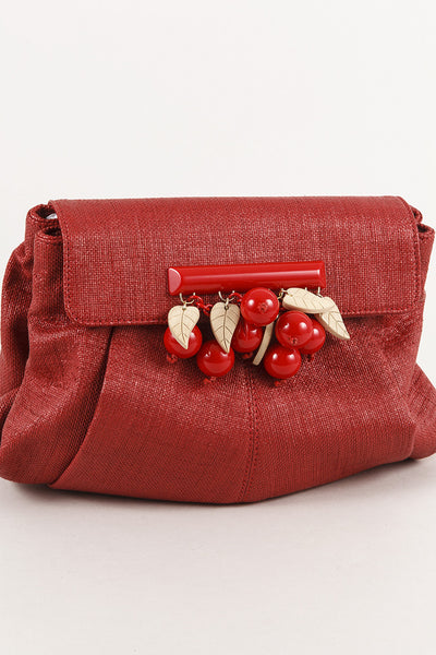 Red and Tan Raffia Cherry Clutch