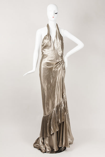 Gold Metallic Pleated Halter Dress