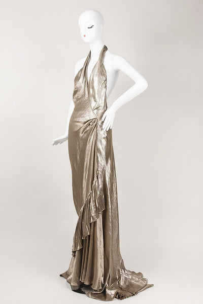 Gold Metallic Pleated Halter Dress