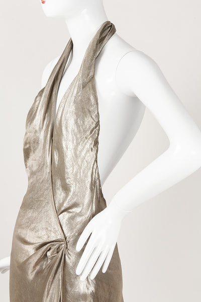 Gold Metallic Pleated Halter Dress