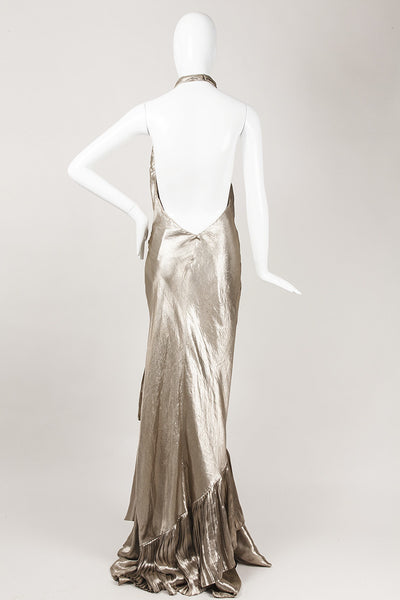 Gold Metallic Pleated Halter Dress