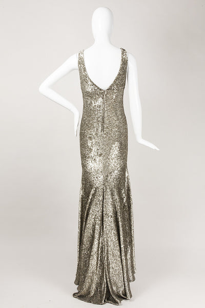 Gold Sequined Sleeveless Floor Length Evening Gown