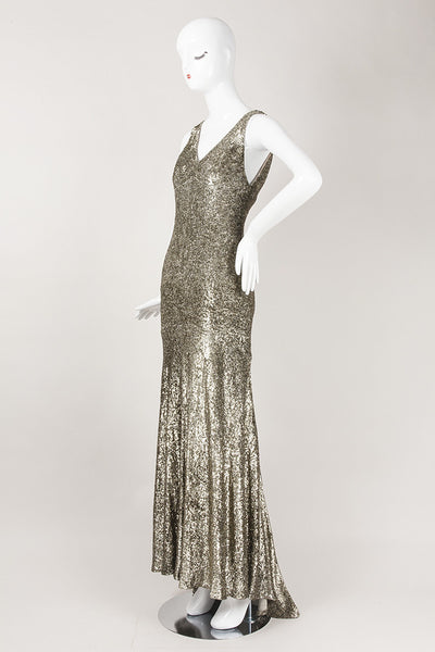 Gold Sequined Sleeveless Floor Length Evening Gown