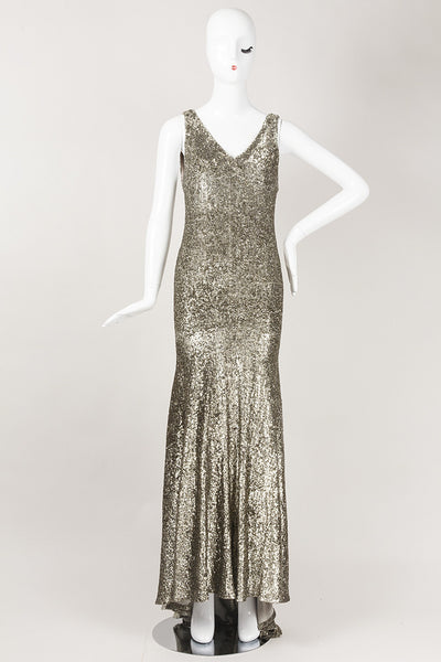 Gold Sequined Sleeveless Floor Length Evening Gown