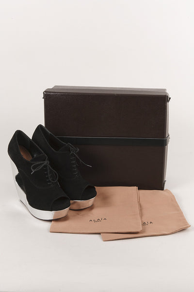 New In Box Suede and Silver Platform Cut Out Lace Up Wedges