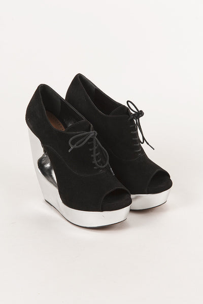 New In Box Suede and Silver Platform Cut Out Lace Up Wedges