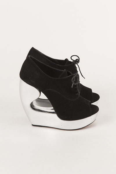 New In Box Suede and Silver Platform Cut Out Lace Up Wedges