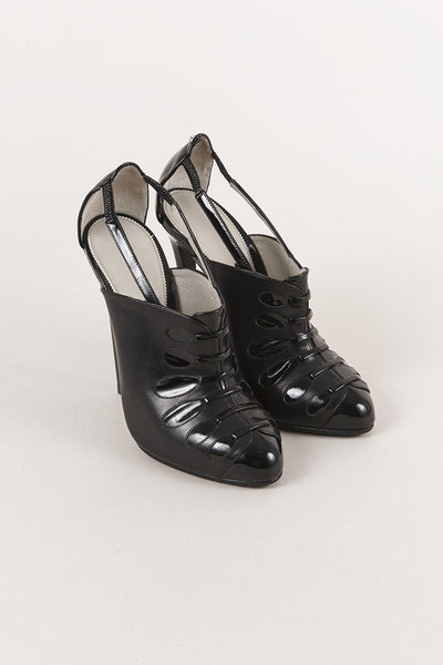 New In Box Black Patent Leather Lace Front Ankle Bootie Pumps