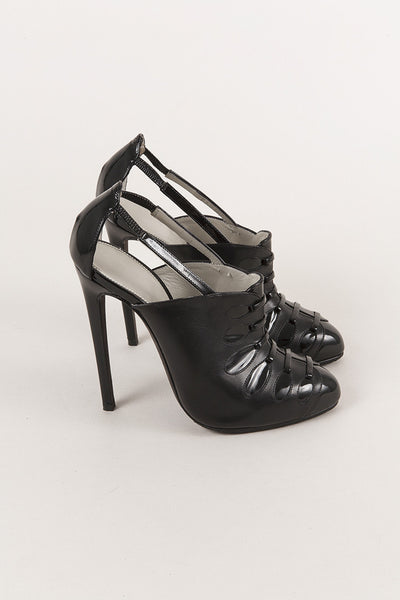 New In Box Black Patent Leather Lace Front Ankle Bootie Pumps