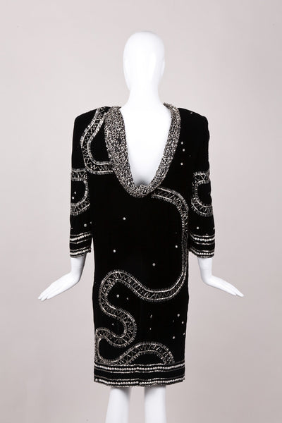 Black Velvet and Silver Sequin Cowl Back Silk Dress