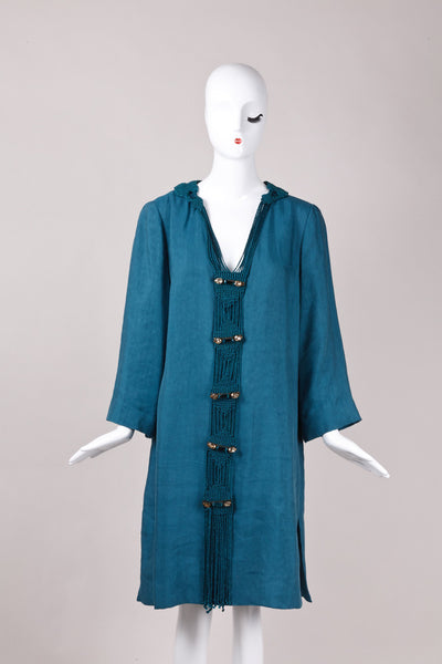 Teal Fringed Linen Embellished Dress