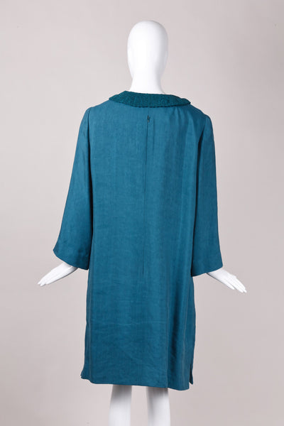 Teal Fringed Linen Embellished Dress