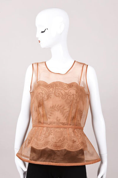 New With Tags Tan Silk Embroidered "Yenisea" Peplum Top