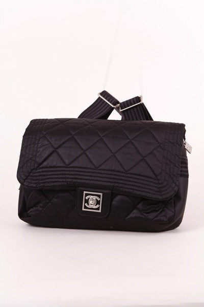 Black Nylon Quilted Flap "CC" Turnlock Backpack