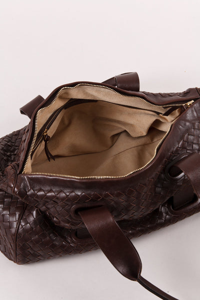 Dark Brown Leather Woven East-West Shoulder Bag