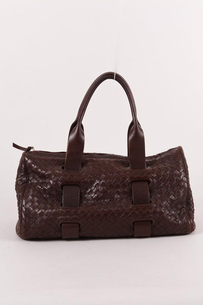 Dark Brown Leather Woven East-West Shoulder Bag