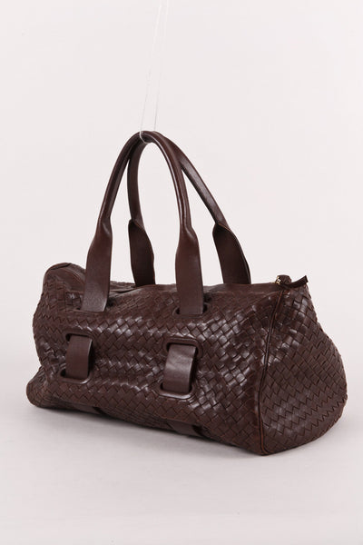 Dark Brown Leather Woven East-West Shoulder Bag