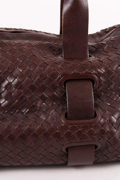 Dark Brown Leather Woven East-West Shoulder Bag