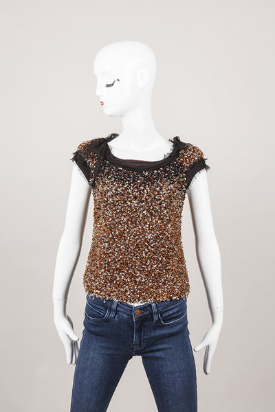 Black and Amber Silk Beaded Cap Sleeve Top