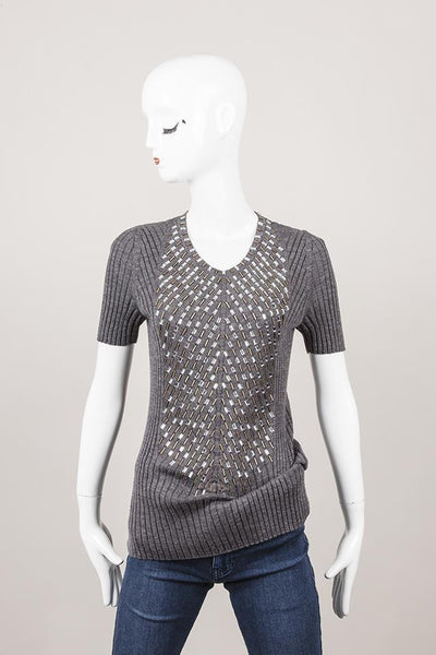 Grey Jewel Embellished Wool Knit Top