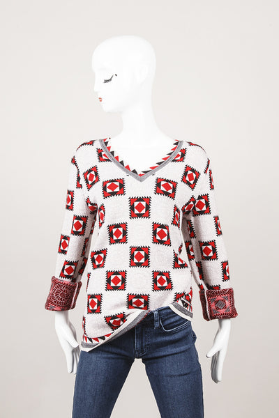 Red and Black Geometric Print Cashmere Sweater