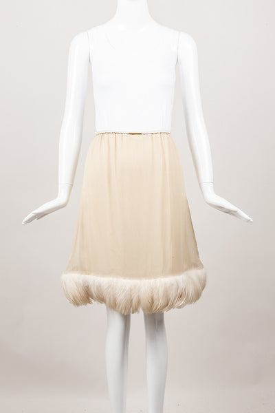 Beige Feather Trim Silk Skirt